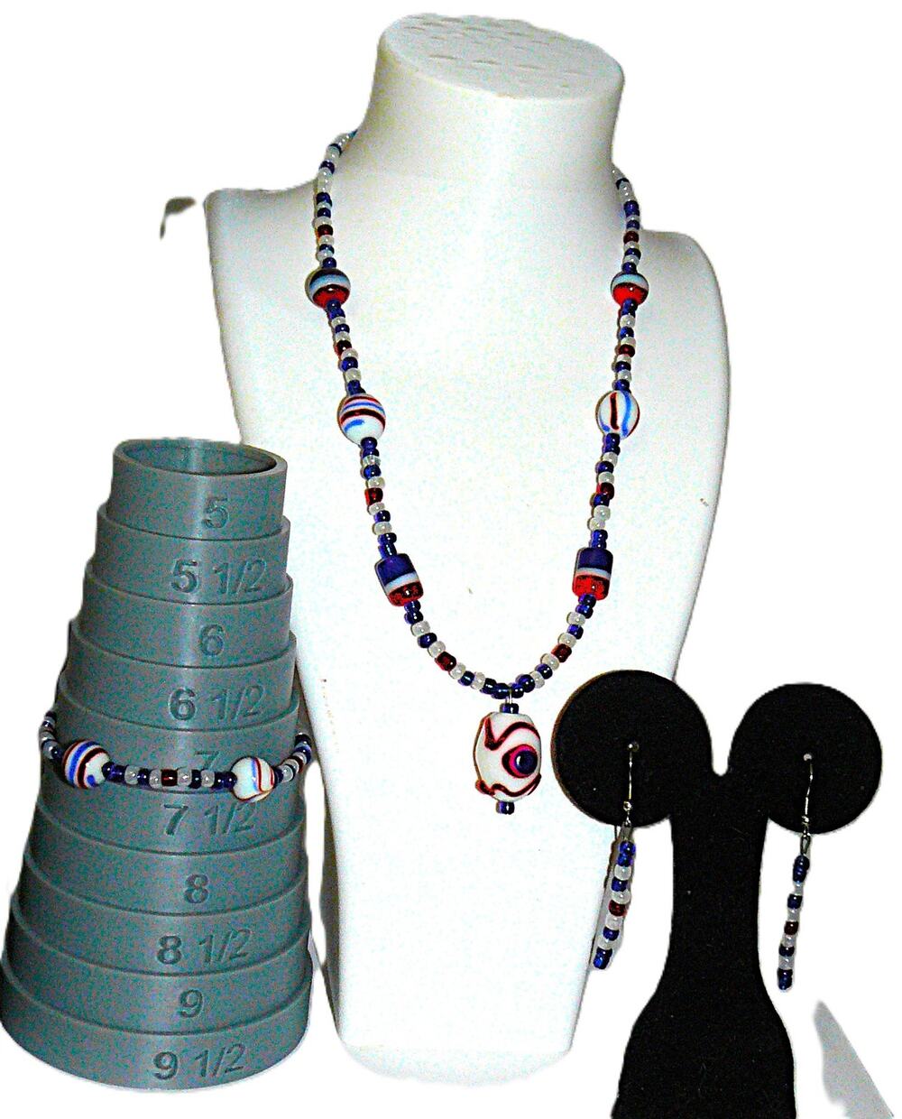 Vtg Red White & Blue Lampwork Jewelry Set Necklace Bracelet Earrings Artisan